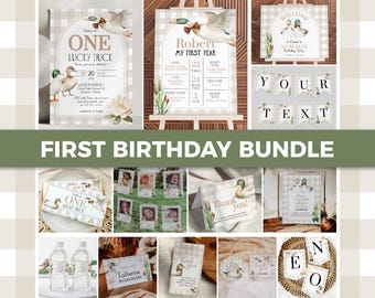 One Lucky Duck First Birthday Invitation Bundle Template, Gender Neutral Duck Party Decor