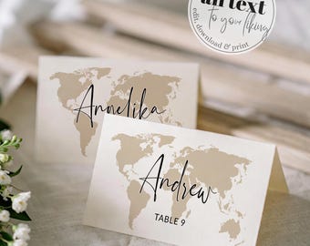 Wedding Place Cards, Travel Theme Food Labels, World Map Destination Reception Editable Template 072W-PLCA