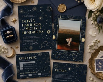 Tarot Wedding Invitation Suite Template, Celestial Moon and Stars Printable 063CE-WEINV