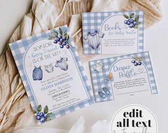Blueberry Baby Shower Invitation Template, Berry Sweet Blue Gingham Editable Printable Party Invite 003BB-BSINV