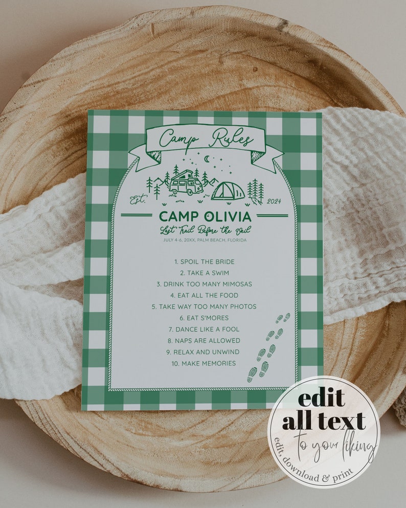 Camp Rules Party Sign Template, Camping Birthday or Bachelorette Decor ...