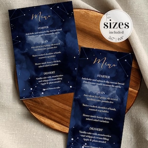 Celestial Wedding Menu Card Template, Navy Gold Starry Night Table Decoration Printable Design 066CE-MENU