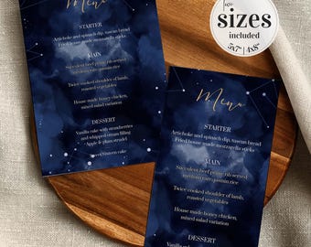 Celestial Wedding Menu Card Template, Navy Gold Starry Night Table Decoration Printable Design 066CE-MENU