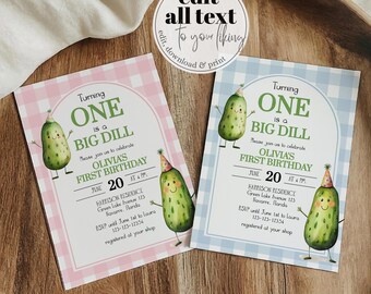 Big Dill First Birthday Invitation Template, Pickle Theme One Year Old Party Invite 012PI-BINV