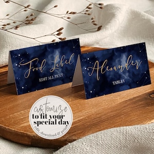 Celestial Wedding Place Card Template, Navy Gold Starry Night Printable 066CE-PLCA