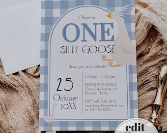 May include: A blue and white gingham patterned invitation with a cartoon goose wearing a party hat. The invitation says "Oliver is One Silly Goose" and includes details for a birthday party on October 25th, 20XX.