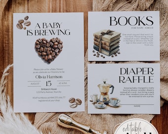 May include: Printable baby shower invitation template with a coffee theme. The invitation features a heart made of coffee beans, a coffee pot, and a cup of coffee. The text on the invitation reads "A Baby is Brewing".