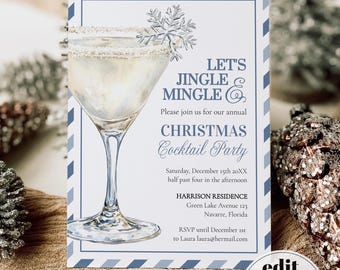 Op de afbeelding: Een uitnodiging voor een kerstcocktailparty met een illustratie van een martiniglas. De uitnodiging heeft een blauw-witte rand en de tekst "Let's Jingle & Mingle Christmas Cocktail Party". Inclusief evenementdetails en RSVP-informatie.