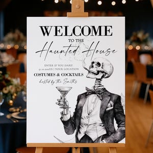 Vintage Gothic Halloween Welcome Sign, Elegant Skeleton Party Entrance Decor, Editable Template #072