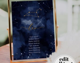 Celestial Seating Chart Cards Zodiac Constellation Wedding Table Numbers Cosmic Editable Template 066CE-SEAT