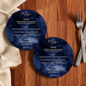 Celestial Wedding Menu Card Template for Moon Wedding, Starry Night Decor Navi Blue and Gold Starry Night Table Menu Card 066 image 3