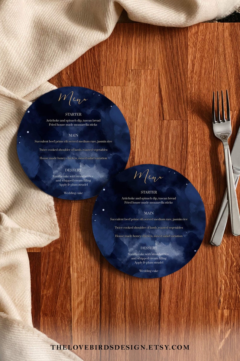 Celestial Wedding Menu Card Template for Moon Wedding, Starry Night Decor Navi Blue and Gold Starry Night Table Menu Card 066 image 3