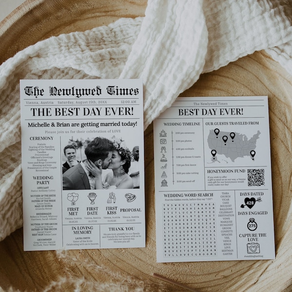 Wedding Newspaper Program with Crossword Puzzle Timeline and Itinerary for Simple Wedding | Ceremony Program | Printable Template #065