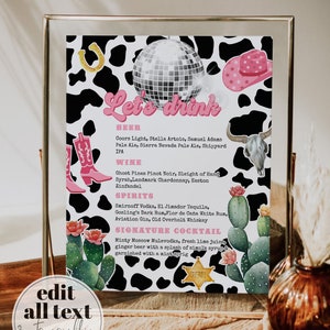 Modèle de carte de boisson de bar pour un enterrement de vie de jeune fille disco et cow-girl | Buvez un modèle de menu de bar à cocktails personnalisé pour l'anniversaire d'une cow-girl de l'espace #022