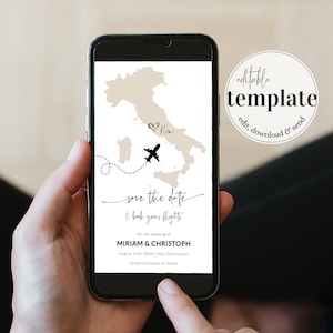 Invitación digital para guardar la fecha de la boda en Italia / Pasaporte con tarjeta de embarque / Invitación de boda de viaje / Plantilla editable n.° 072w
