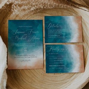 Bewerkbare strandhuwelijksuitnodiging | Bestemmingshuwelijksuitnodigingset met detailkaart en RSVP | Oceaan bruiloftsdecor | Afdrukbare sjabloon #080b