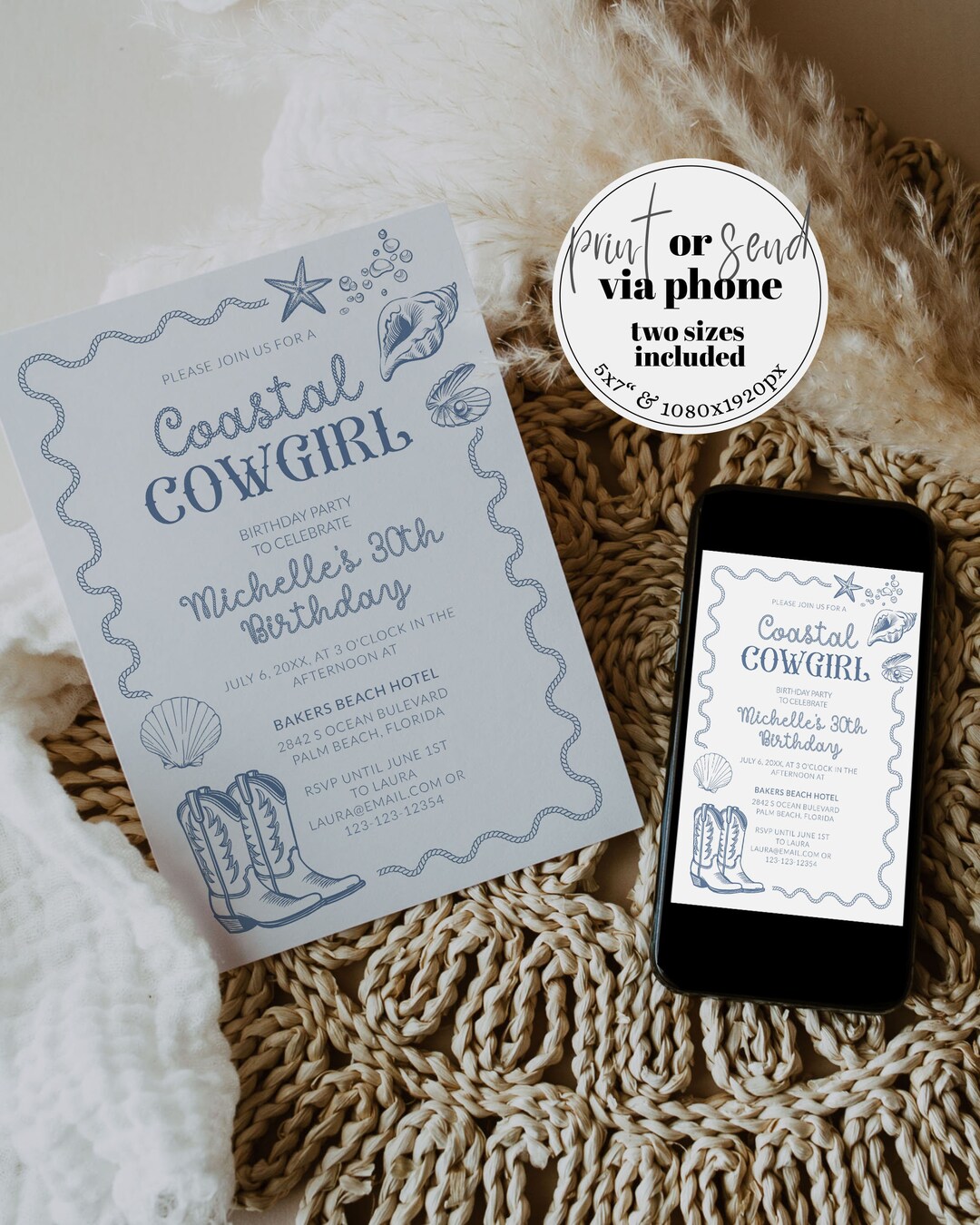 Coastal Cowgirl Birthday Invitation, Beach Adult Party Printable ...