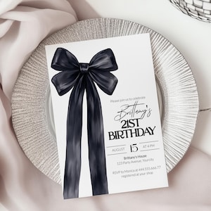 Faire-part d'anniversaire avec noeud noir pour filles, 21e anniversaire, élégant noeud de coquette, 30e anniversaire d'invitation pour femmes, modèle illustré de noeud grand-millénaire #072