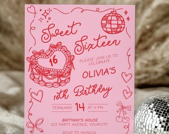 Sweet Sixteen Birthday Invitation, Hand-Drawn Bow & Heart Cake Teen Girl Invite Template 070PI-SWS-BINV