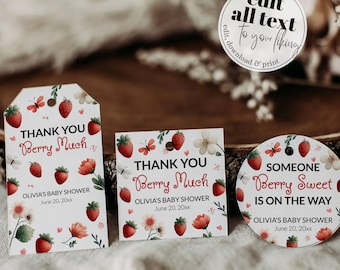 Strawberry Baby Shower Favor Tags, Little Berry Thank You Labels Stickers Template 099SW-TLST