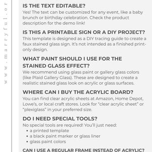Pode incluir: Documento branco com o t&iacute;tulo "FAQs" e perguntas e respostas sobre um projeto de vitral DIY. O texto explica como personalizar o modelo, quais materiais usar e onde compr&aacute;-los. O texto &eacute; claro e leg&iacute;vel.