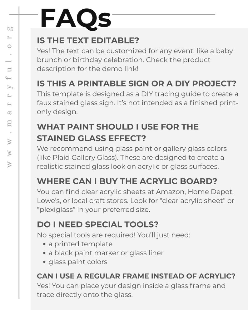 Pode incluir: Documento branco com o t&iacute;tulo "FAQs" e perguntas e respostas sobre um projeto de vitral DIY. O texto explica como personalizar o modelo, quais materiais usar e onde compr&aacute;-los. O texto &eacute; claro e leg&iacute;vel.