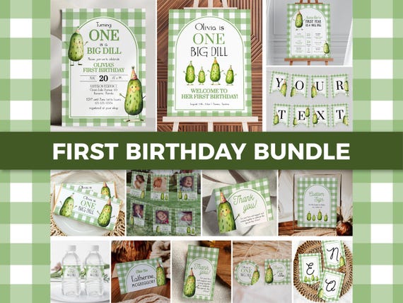 Pickle First Birthday Bundle Template, One Big Dill Party Invitation and Decor Set 012PI-BBUNDLE