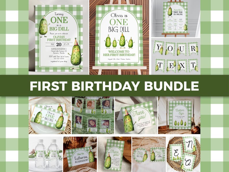 Pickle First Birthday Bundle Template, One Big Dill Party Invitation and Decor Set 012PI-BBUNDLE afbeelding 1