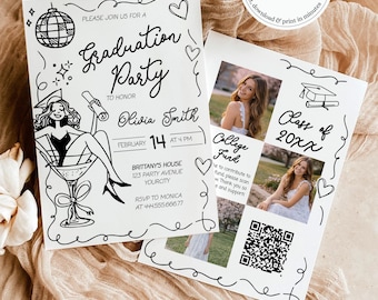 Doodle Graduation Invitation Template, Disco Grad Party Invite, Hand Drawn Senior Announcement Card 070BW-GRINV