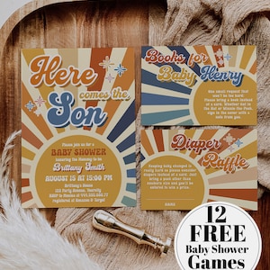 Retro Sunshine Here Comes the Son Baby Shower Invitation Template Bundle with Diaper Raffle & Books for Baby #081