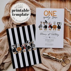 One Spooky Goose First Birthday Invite for a Halloween Silly Goose Birthday Invitation Editable Goose Theme Fall Killer Party Template #072