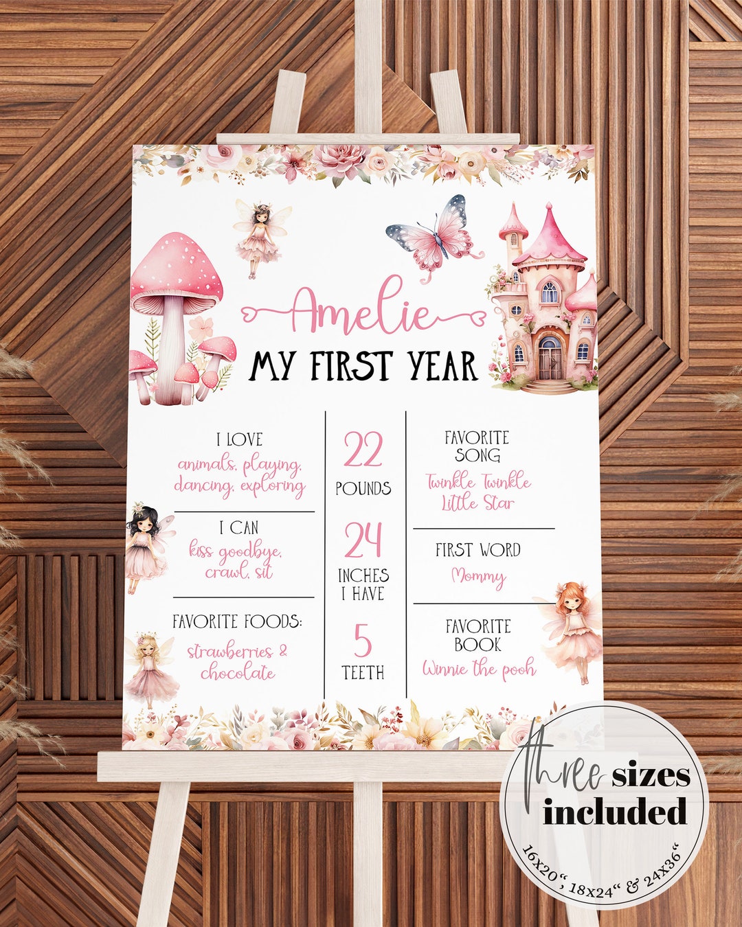 Pink Fairy Baby Milestone Board Template, First Birthday Enchanted ...