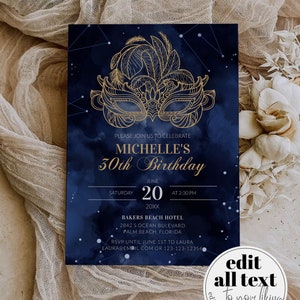 May include: A blue and gold birthday invitation with a gold masquerade mask and a constellation pattern. The invitation reads "Please join us to celebrate Michelle's 30th Birthday" and includes the date, time, and location of the event.