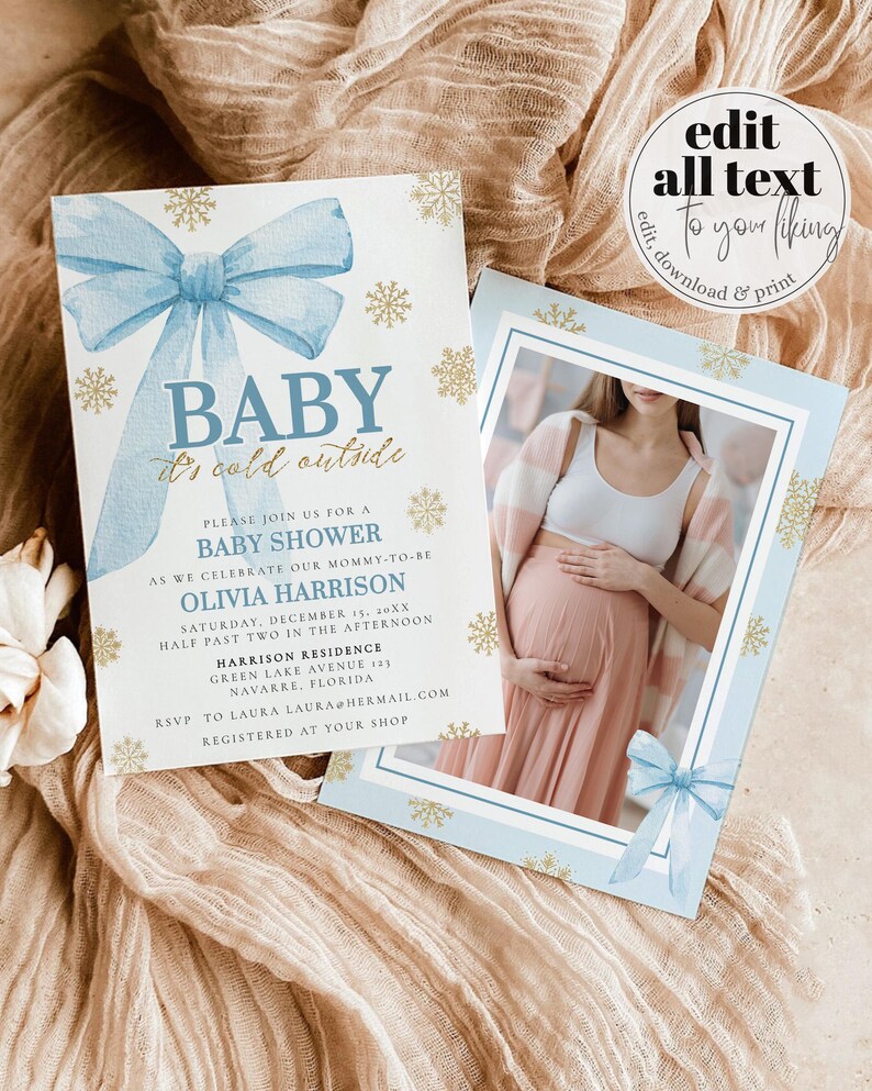 Blue Bow Baby It's Cold Outside Baby Shower Invitation Silver Winter