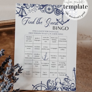 Find the Guest Bridal Bingo Game for Nautical Bridal Brunch or Baby Shower with a beach theme | Printable Template #071