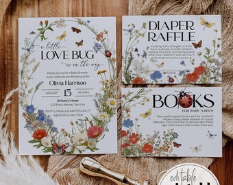 Love Bug Baby Shower Invitation Template, Wildflower Butterfly Garden Gender Neutral Theme 100WF-BSINV