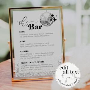 Placa de menu de bar para festa de casamento dos anos 70 | Menu de bebidas com bola de discoteca descolada | Placa de coquetel de assinatura Groovy Shower | Modelo para impressão #065d