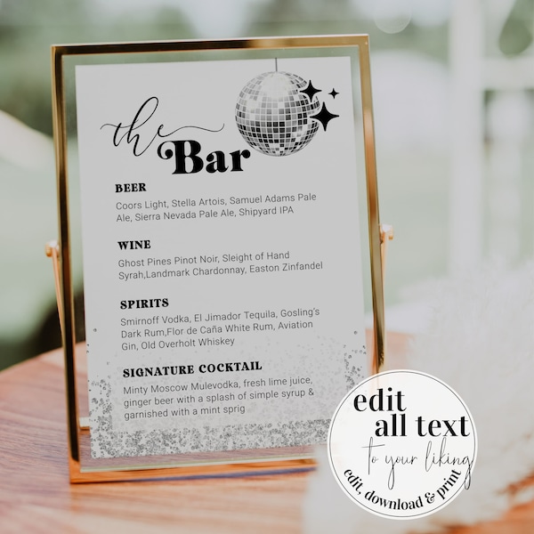 Bar Menükarte Schild für 70er Jahre Hochzeit Party | Getränkekarte mit flippiger Disco Ball | Signature Cocktail Zeichen Groovy Shower | Druckbare Vorlage #065d