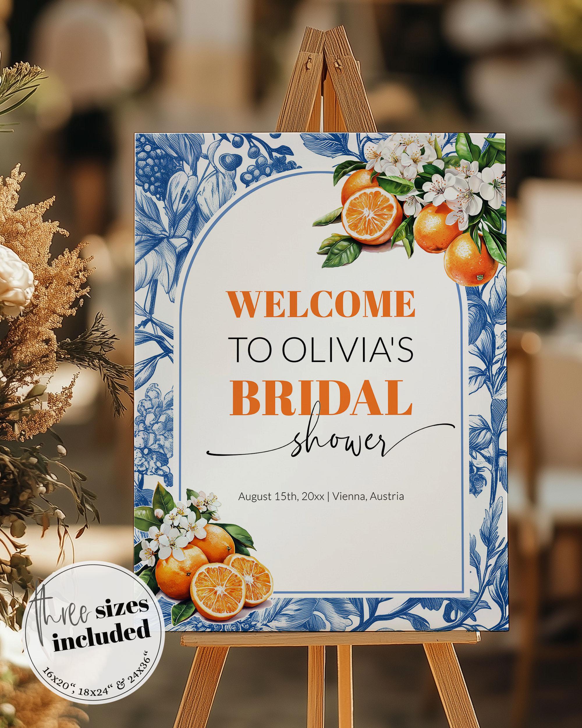Amalfi Coast Welcome Sign, Orange Blue Toile Bridal or Baby Shower ...