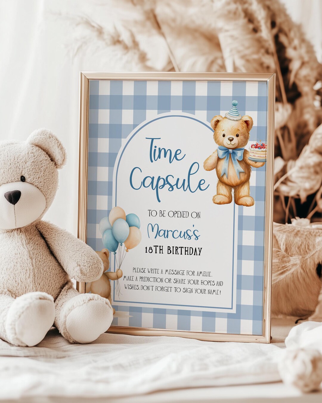 Teddy Bear Picnic Time Capsule Template, Blue Bear First Birthday Game ...