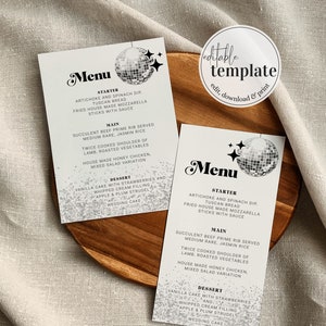 Modelo de cartões de menu com tema dos anos 70 para chá de bebê descolado, casamento disco ou chá de panela descolado | Modelo para impressão de menu de restaurante ou bar #065d