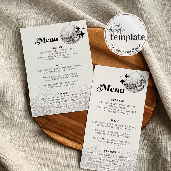 70s theme Menu Cards Template for Groovy Baby Shower, Disco Wedding or Funky Bridal Shower | Printable Template Restaurant or Bar Menu #065d