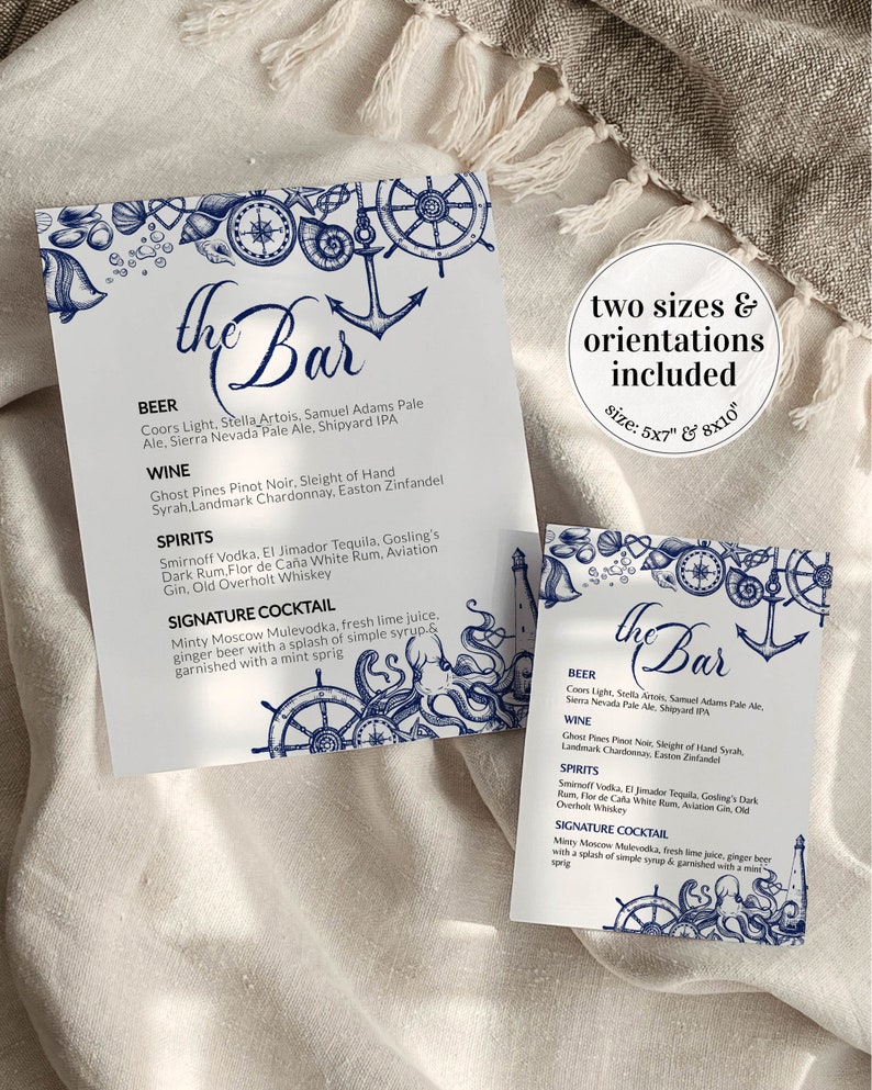 Nautical Bar Menu Sign Template, Beach Wedding Signature Drink ...