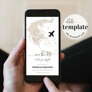 Réservez votre date numérique pour mariage à destination de GRÈCE | Carte d'embarquement pour passeport | Faire-part de mariage de voyage | Modèle modifiable #072w