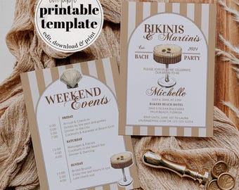 Bikinis and Martinis Bachelorette Itinerary, Editable Espresso Martini Bach Party Invitation, Cocktail Luxury Social Club Bach Template #072