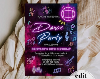 Editable Dance Party Invitation for Neon Glow Disco Party | Neon Disco Party 10th Birthday Invite | Instant Download Printable Template #078