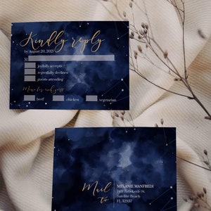 Celestial Starry Night Wedding Invitation Template, Moon Wedding Invite Bundle for Navy Blue and Gold 066 image 3