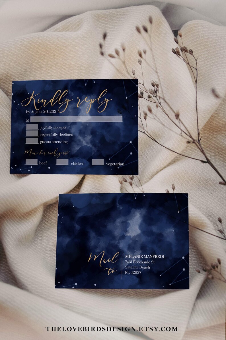 Celestial Starry Night Wedding Invitation Template, Moon Wedding Invite Bundle for Navy Blue and Gold 066 image 3