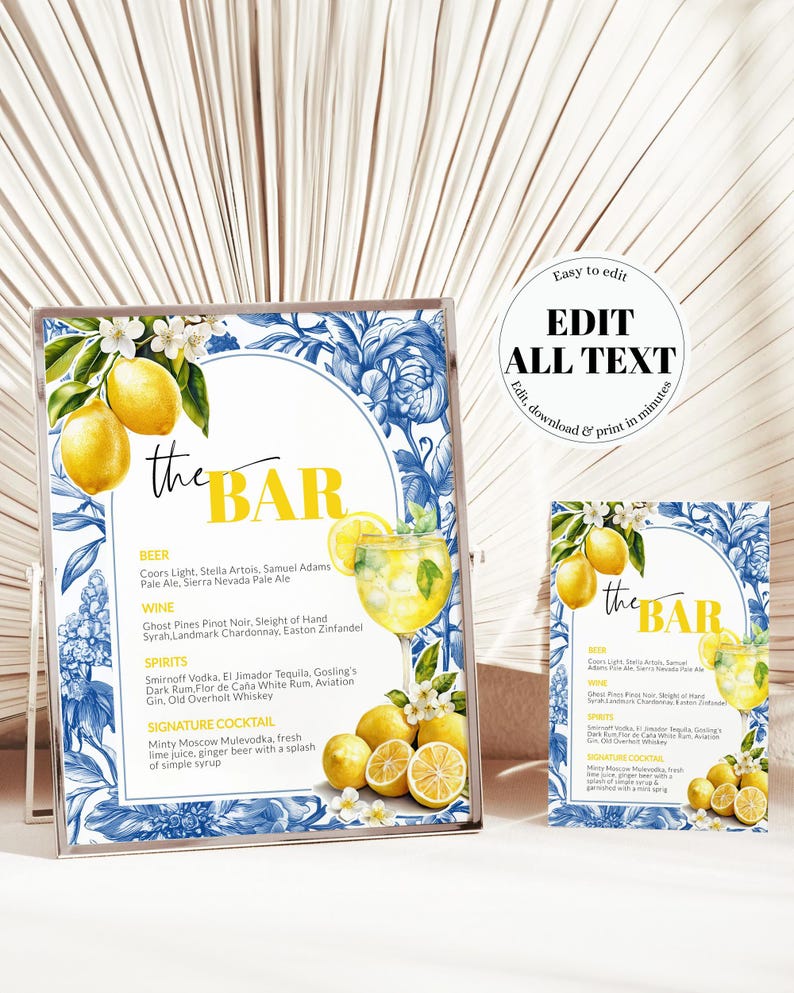 Limoncello Spritz Bar Menu Template, Citrus Lemon Amalfi Coast Bridal Shower Sign 102LE-BAME image 5