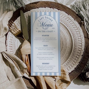 Carte de menu de bachelorette côtière, menu de plats ou de boissons du dernier toast sur la côte, décor de grand-mère côtière, menu de cocktails de bachelorette nautique #072